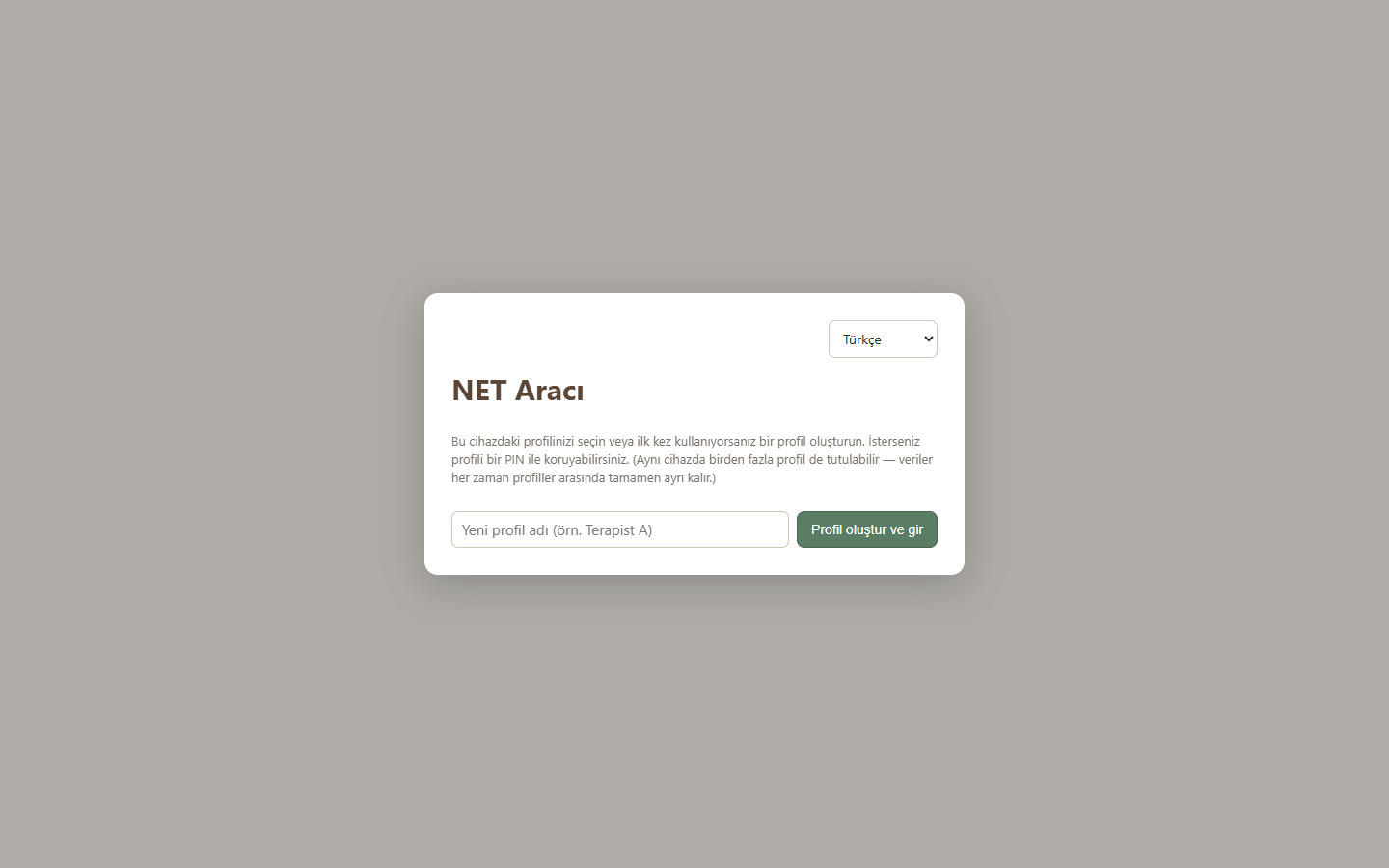 NET Aracı profil oluşturma ekranı — sadece isim yazıp giriş yapılır